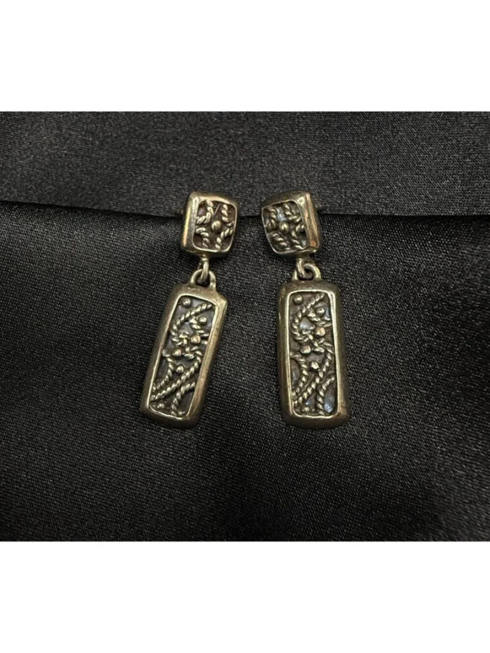 Vintage 925 Sterling Silver Rectangular Dangle Earrings With Floral Detailing